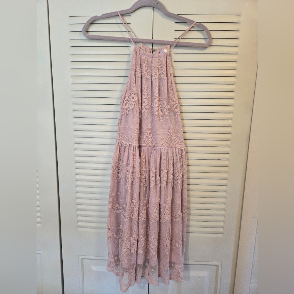 Elegant Pink Lace High Neck Dress